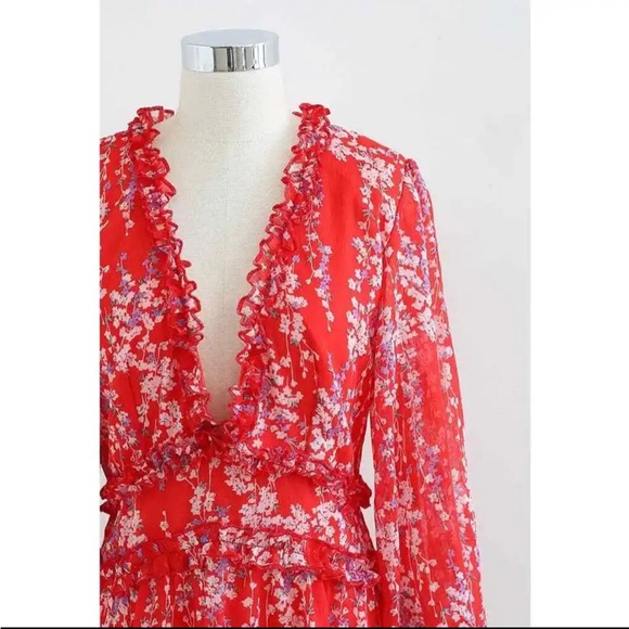 NEW Jenny Boston Boutique Red Floral Open Back Ruffle Chiffon Dress Size XS - Picture 5 of 5